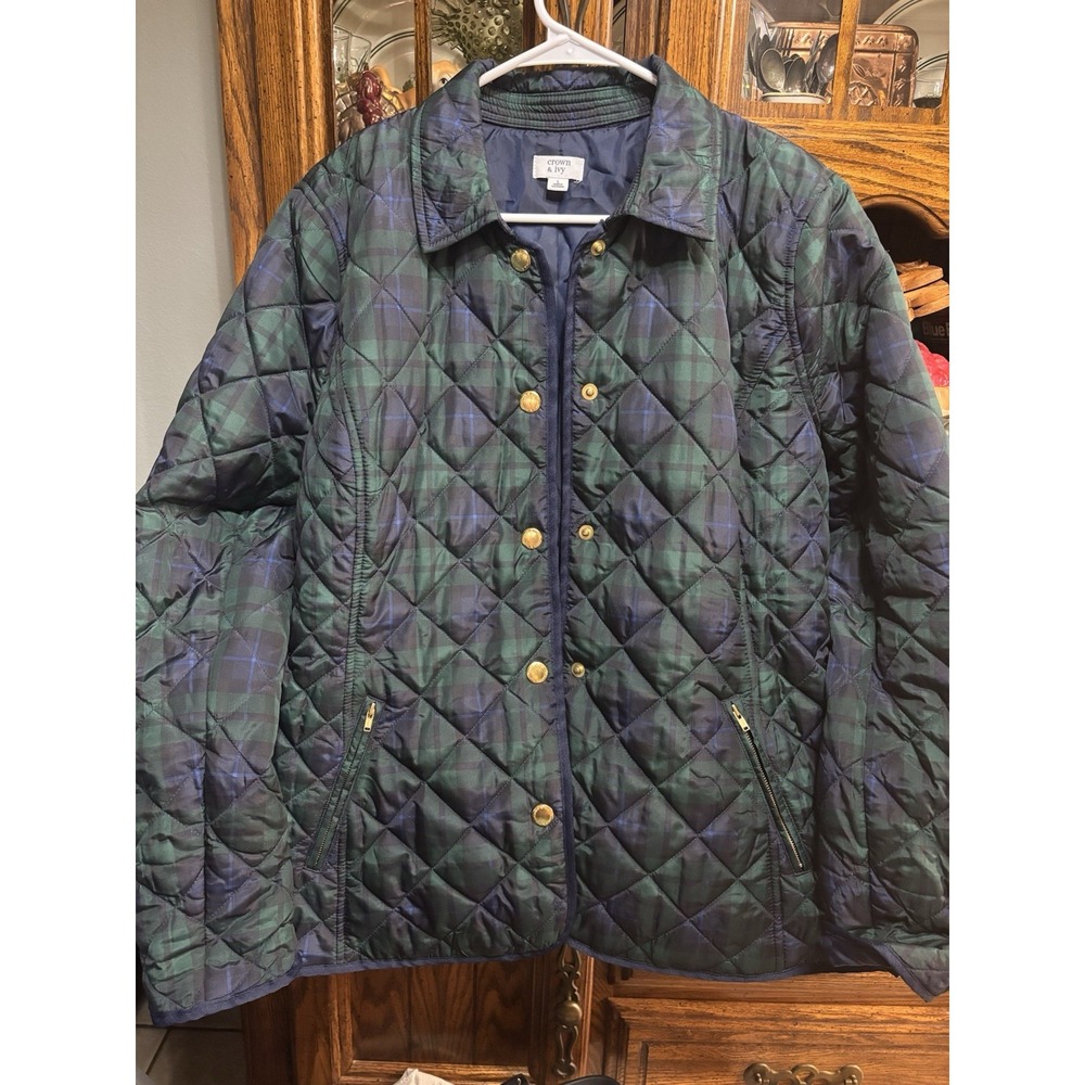 Crown & Ivy Women's Long Sleeve Puff Quilted Jacket, Green Blue Plaid Size Large